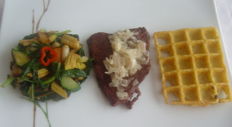 Onglet aux Echalottes Legumes Wok Czon Rock Gaufre de pomme de terre rattes